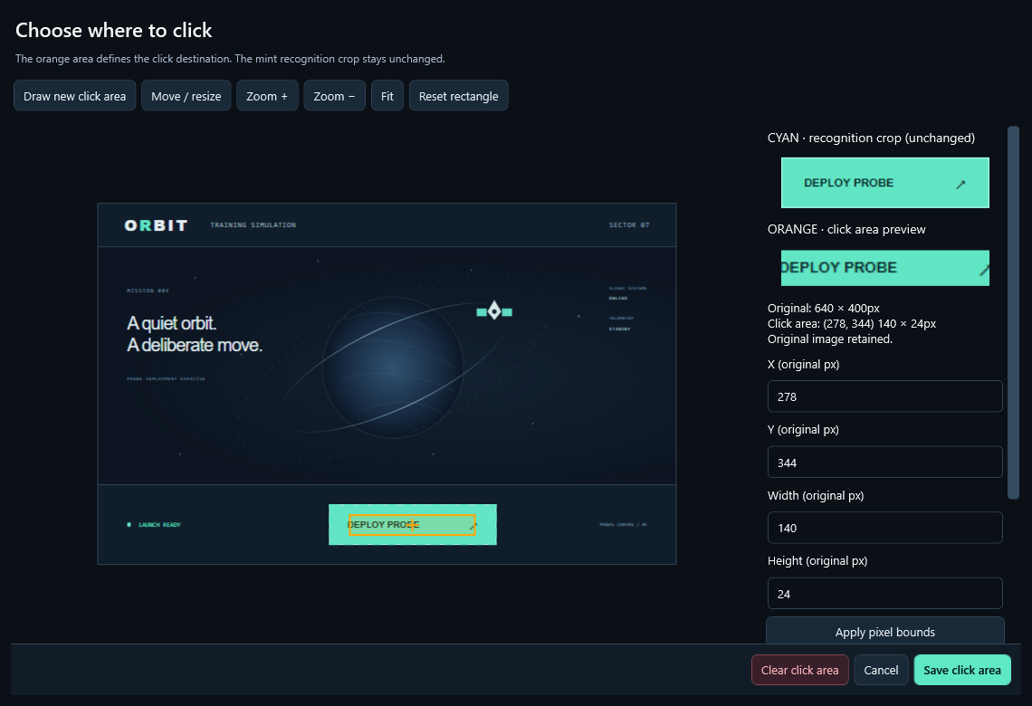 Actual click-area editor showing the Orbit training game, the saved button reference and a smaller configured click area.