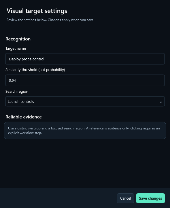 Actual target settings showing a target name, similarity threshold and search region.