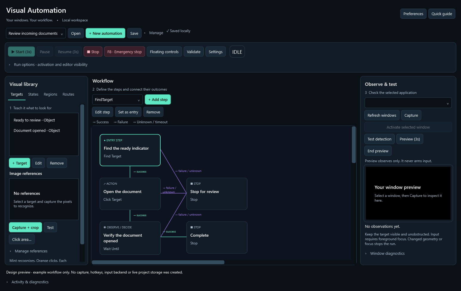 Windows editor showing a visual library, connected workflow steps, and observation controls